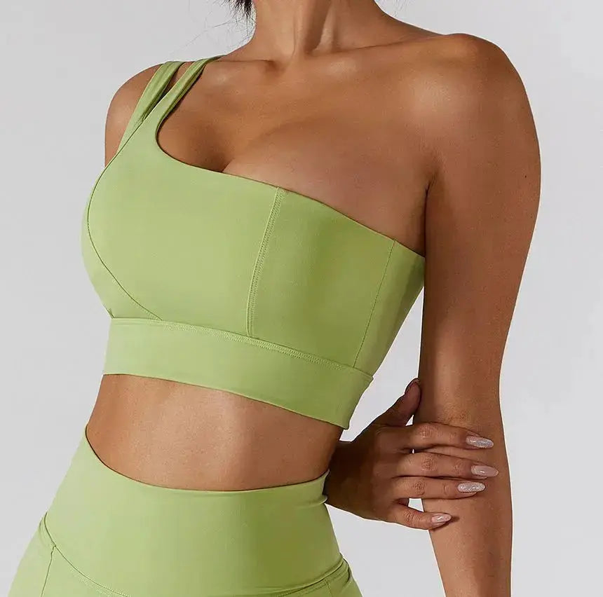 Hypes Inventory Flaire™ ribbed one-shoulder sports bra for workout, featuring stylish design and supportive fit.