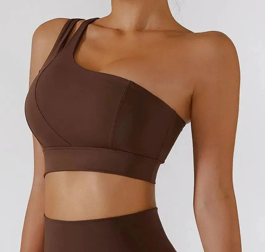 Hypes Inventory Flaire™ ribbed one-shoulder sports bra for workout, featuring a fitted design and breathable fabric.