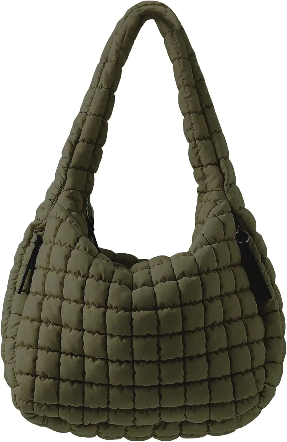 Army green quilted puffer tote bag for women, versatile crossbody bag by Hypes Inventory, ideal for travel, gym, work, and school.
