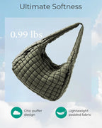 Army green quilted puffer tote bag for women by Hypes Inventory, versatile crossbody bag for travel, gym, work, and school.