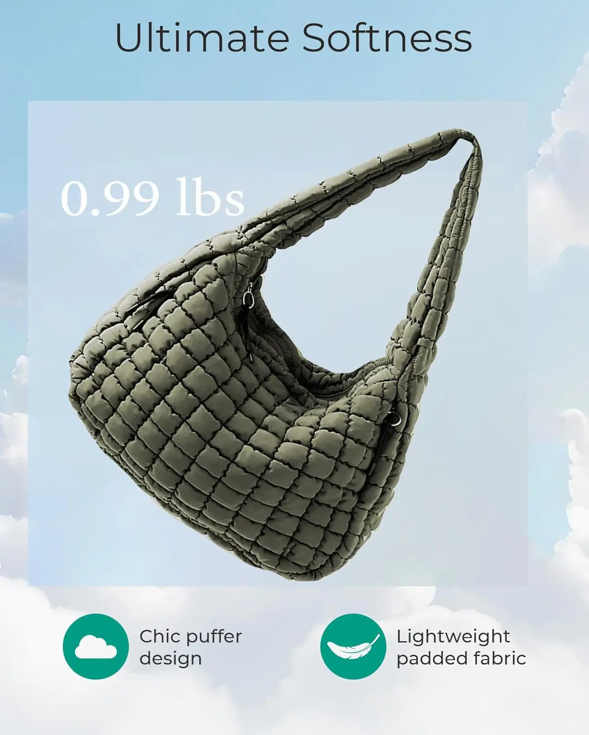 Army green quilted puffer tote bag for women by Hypes Inventory, versatile crossbody bag for travel, gym, work, and school.