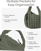 Hypes Inventory quilted puffer tote bag for women in army green, versatile crossbody travel, gym, work, or school bag.