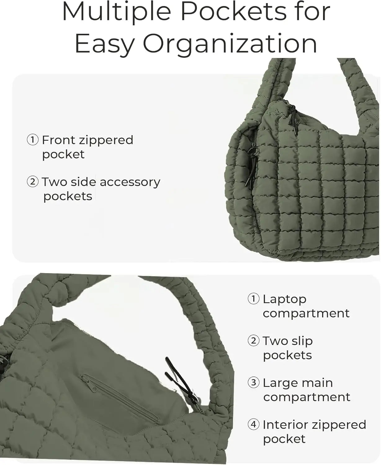 Hypes Inventory quilted puffer tote bag for women in army green, versatile crossbody travel, gym, work, or school bag.