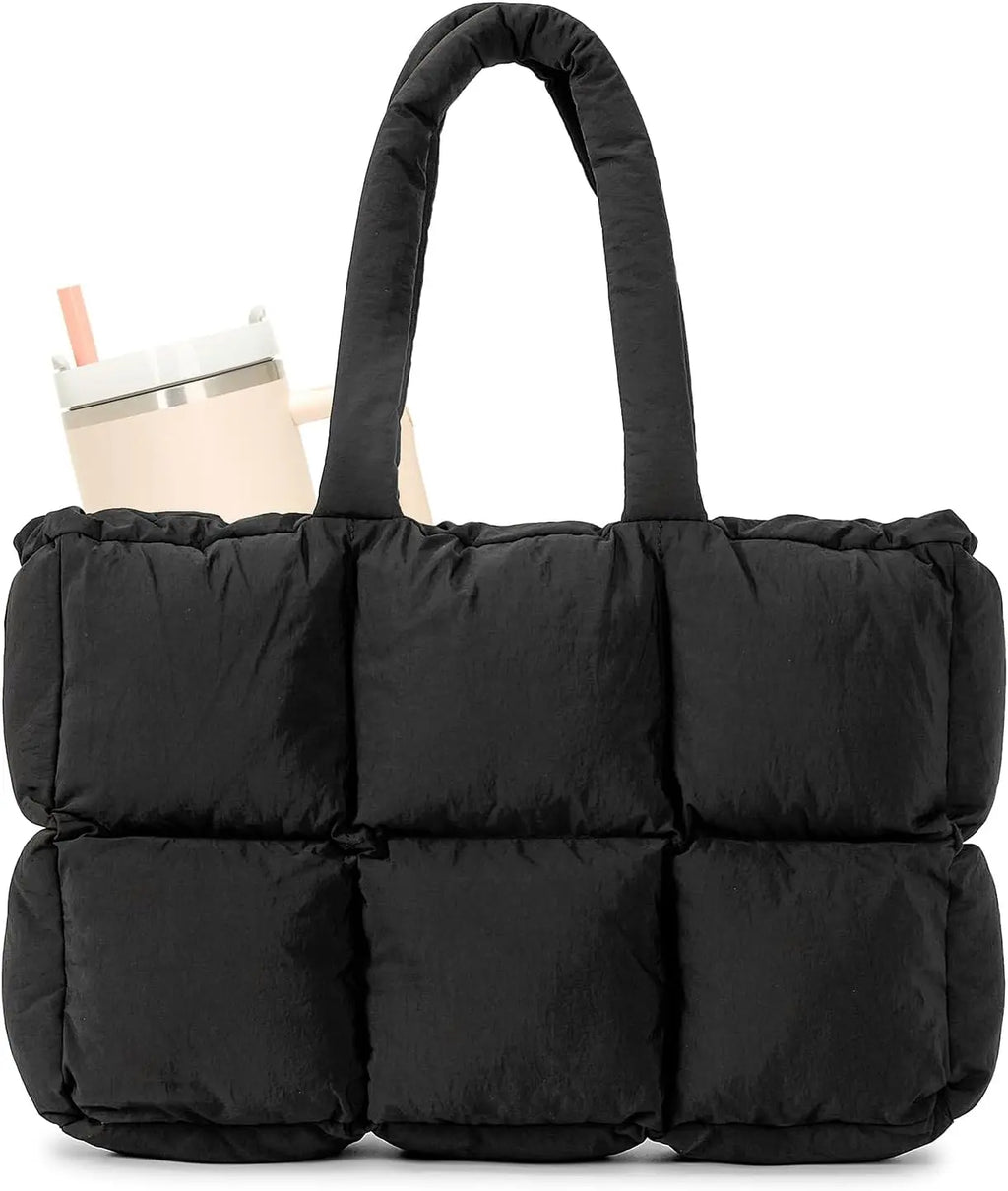 Black quilted puffer tote bag for women by Hypes Inventory, lightweight travel gym bag with cup holder and spacious compartments.