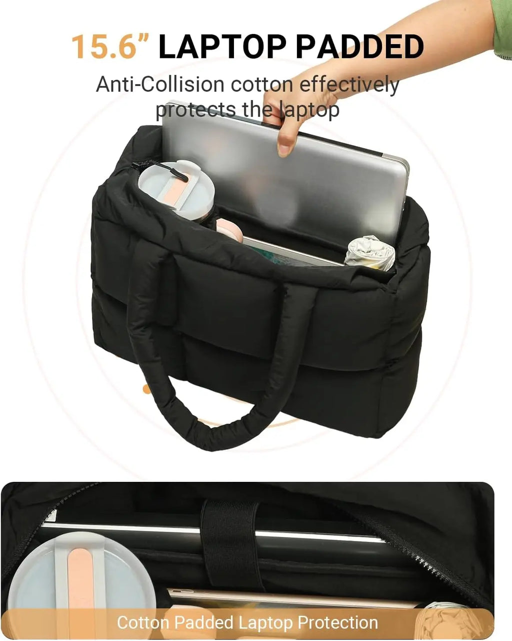 Black quilted puffer tote bag for women by Hypes Inventory, lightweight travel gym bag with cup holder and spacious compartments.