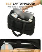 Black quilted puffer tote bag for women by Hypes Inventory, lightweight travel gym bag with cup holder and spacious compartments.