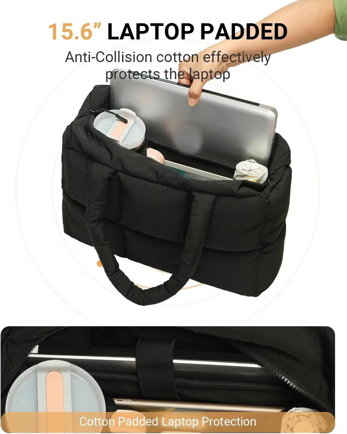 Black quilted puffer tote bag for women by Hypes Inventory, lightweight travel gym bag with cup holder and spacious compartments.