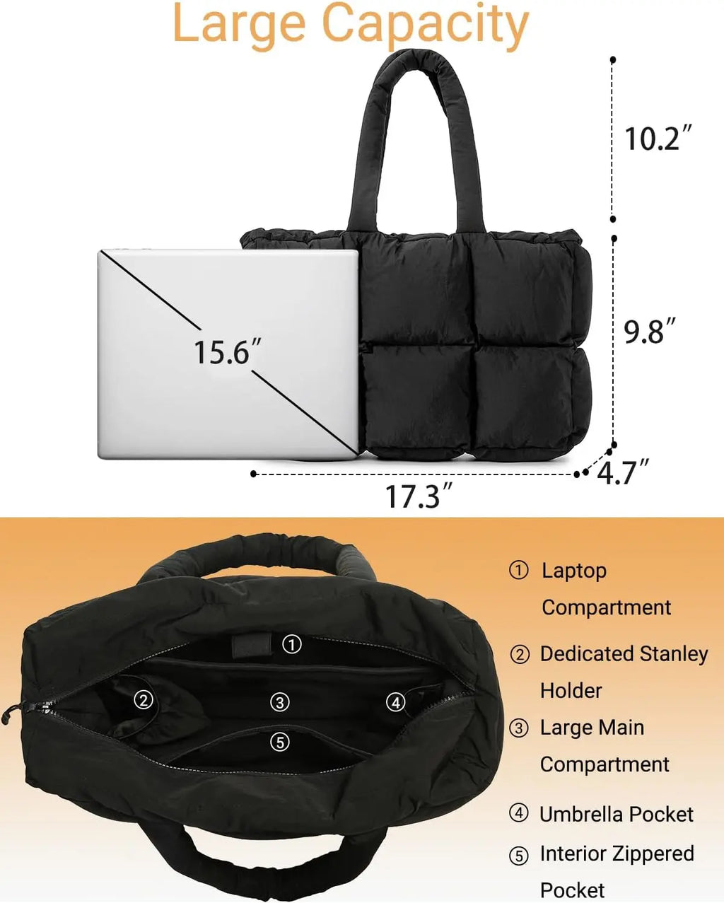 Black quilted puffer tote bag for women, lightweight travel gym bag with cup holder and spacious compartments.