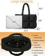 Black quilted puffer tote bag for women, lightweight travel gym bag with cup holder and spacious compartments.