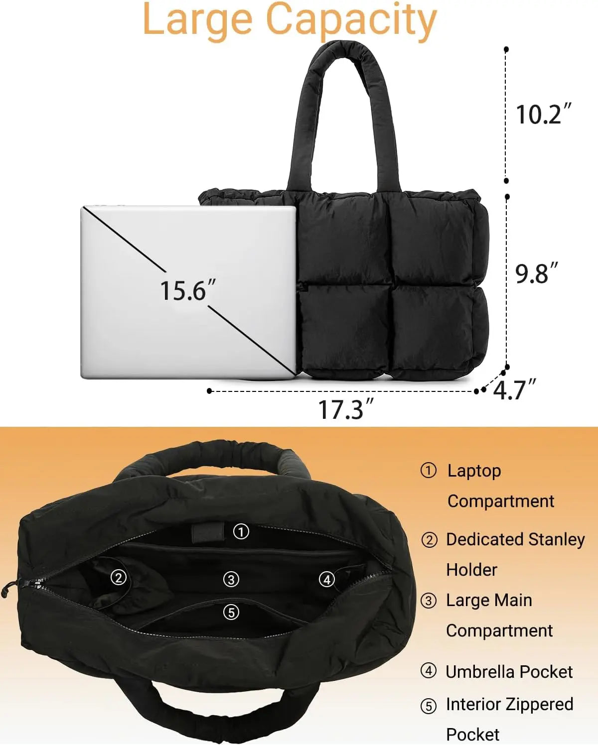 Black quilted puffer tote bag for women, lightweight travel gym bag with cup holder and spacious compartments.