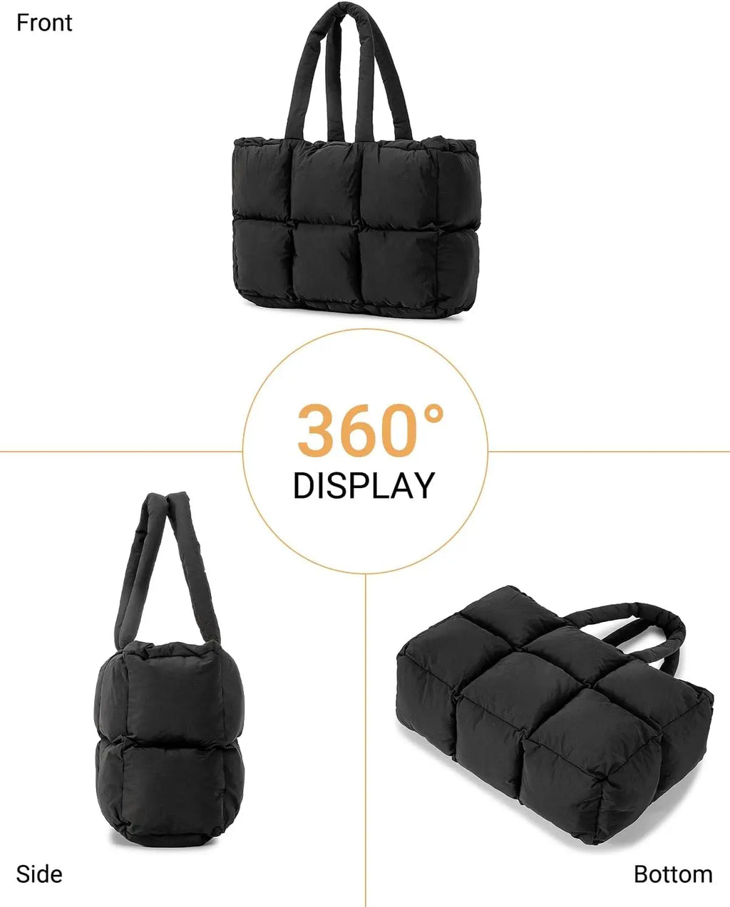 Black quilted puffer tote bag for women by Hypes Inventory, lightweight travel gym bag with cup holder and spacious compartments.