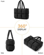 Black quilted puffer tote bag for women by Hypes Inventory, lightweight travel gym bag with cup holder and spacious compartments.