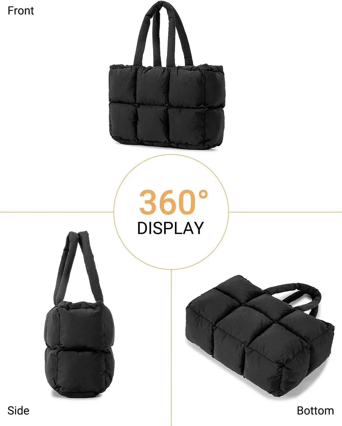 Black quilted puffer tote bag for women by Hypes Inventory, lightweight travel gym bag with cup holder and spacious compartments.