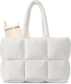 Black quilted puffer tote bag for women by Hypes Inventory, lightweight travel and gym tote with cup holder and spacious compartments.