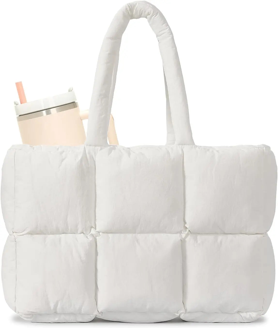 Black quilted puffer tote bag for women by Hypes Inventory, lightweight travel and gym tote with cup holder and spacious compartments.