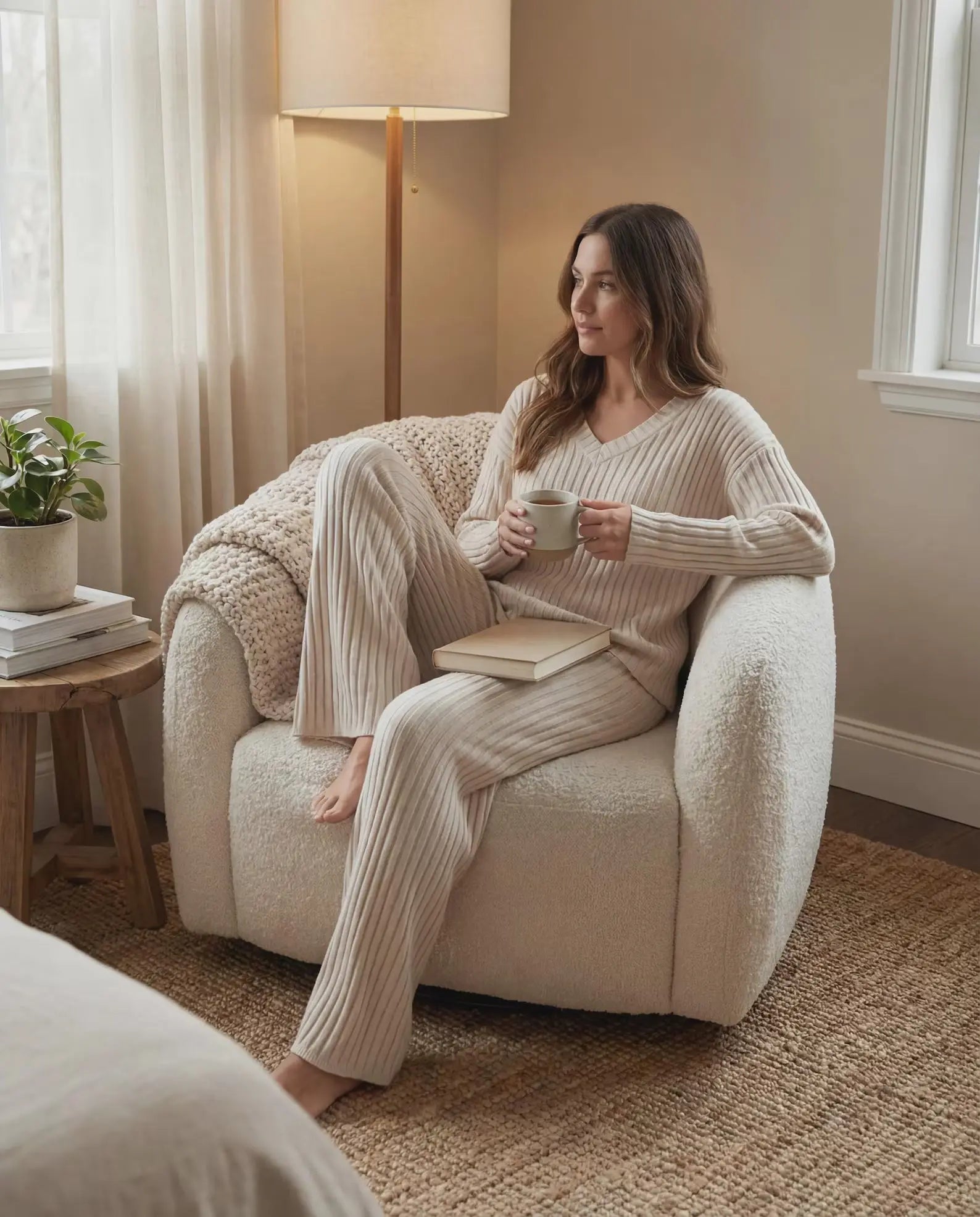 LÁVINE™ ribbed knit lounge set for women, featuring a cozy two-piece outfit with a relaxed fit and ribbed texture.