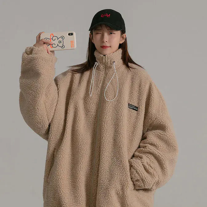 Stand Collar Lamb Wool Plush Sweatshirt Jacket – Cozy, Trendy & Warm for Autumn & Winter