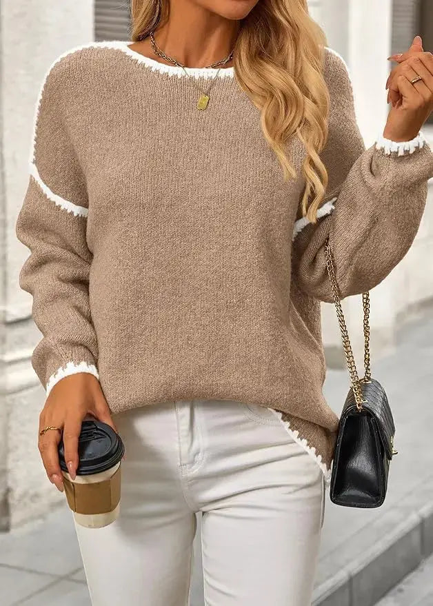 LÁVINE™ oversized knit sweater for women in khaki, featuring a cozy chunky design and ultra-soft, relaxed fit.