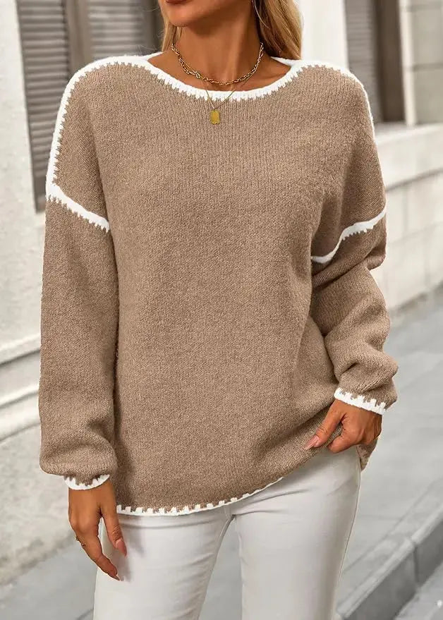 LÁVINE™ oversized knit sweater for women in khaki, featuring a cozy, chunky design perfect for casual wear.