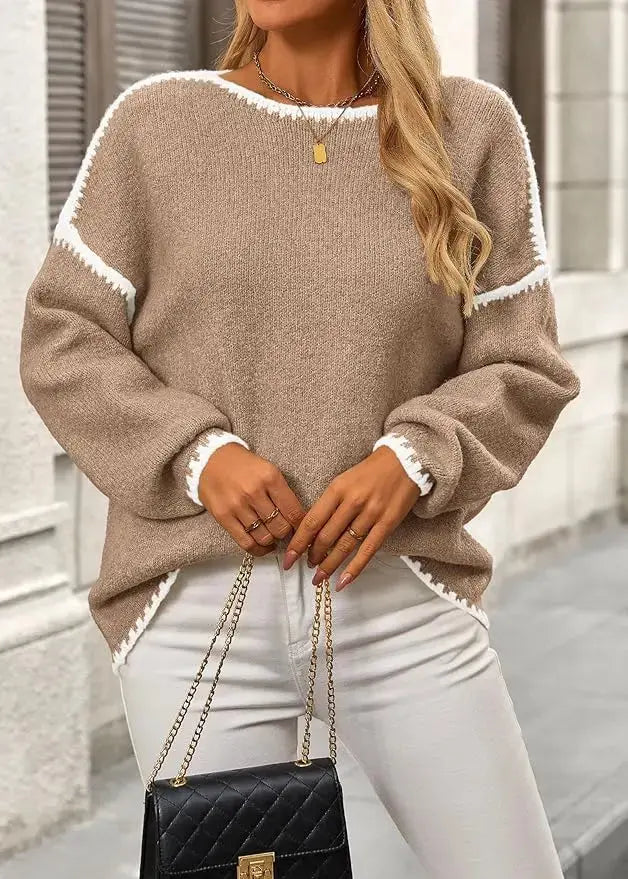 LÁVINE™ oversized knit sweater for women in khaki, featuring a cozy, chunky design and ultra-soft textured knit.