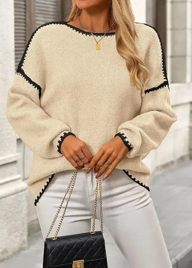 LÁVINE™ oversized knit sweater for women in khaki, showing a cozy, chunky pullover with a relaxed fit and soft texture.