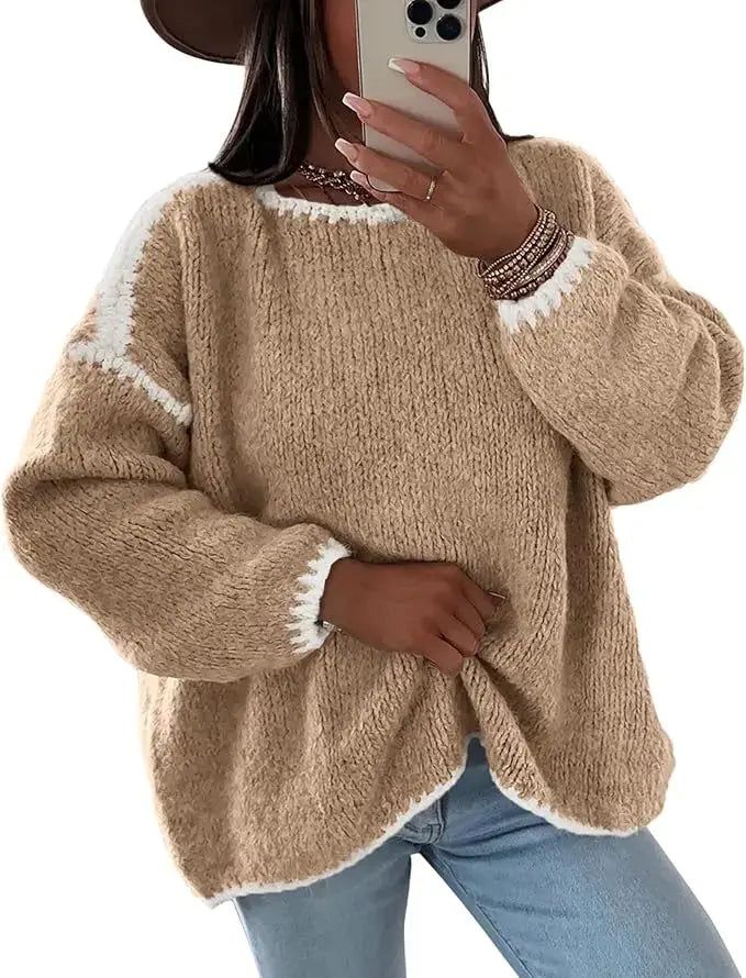 LÁVINE™ oversized knit sweater for women in khaki, featuring a cozy, chunky design perfect for casual wear.