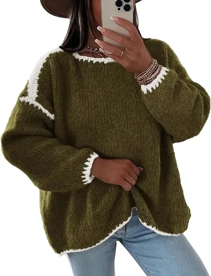 LÁVINE™ oversized knit sweater for women in khaki, featuring a cozy, chunky design and soft, relaxed fit.