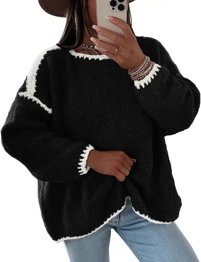 LÁVINE™ oversized knit sweater for women in khaki, showing the cozy chunky pullover with a relaxed fit and soft texture.