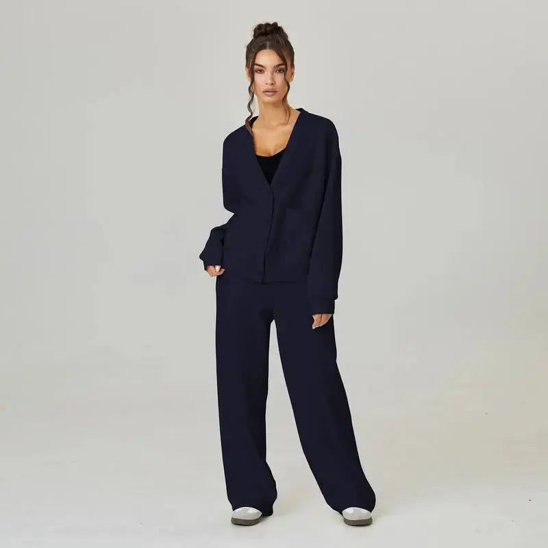 LÁVINE™ women's lounge set featuring a light grey cardigan and matching pants, slouchy and luxe two-piece outfit.