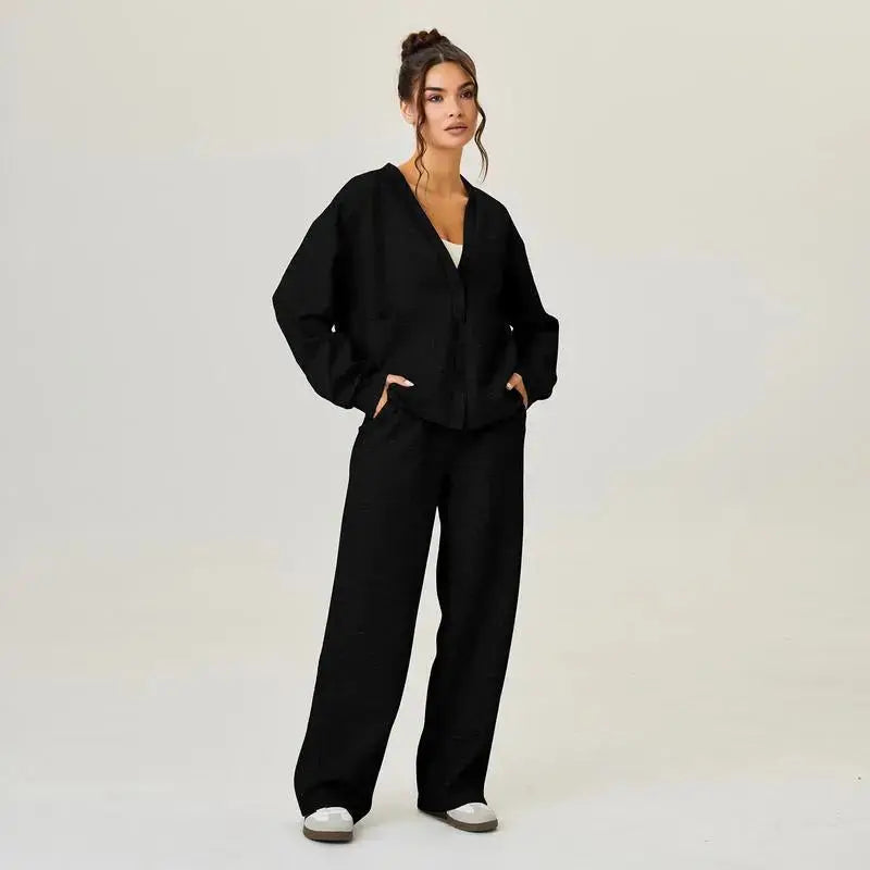 LÁVINE™ women’s lounge set with light grey cardigan and matching pants, cozy slouchy two-piece outfit for comfortable wear