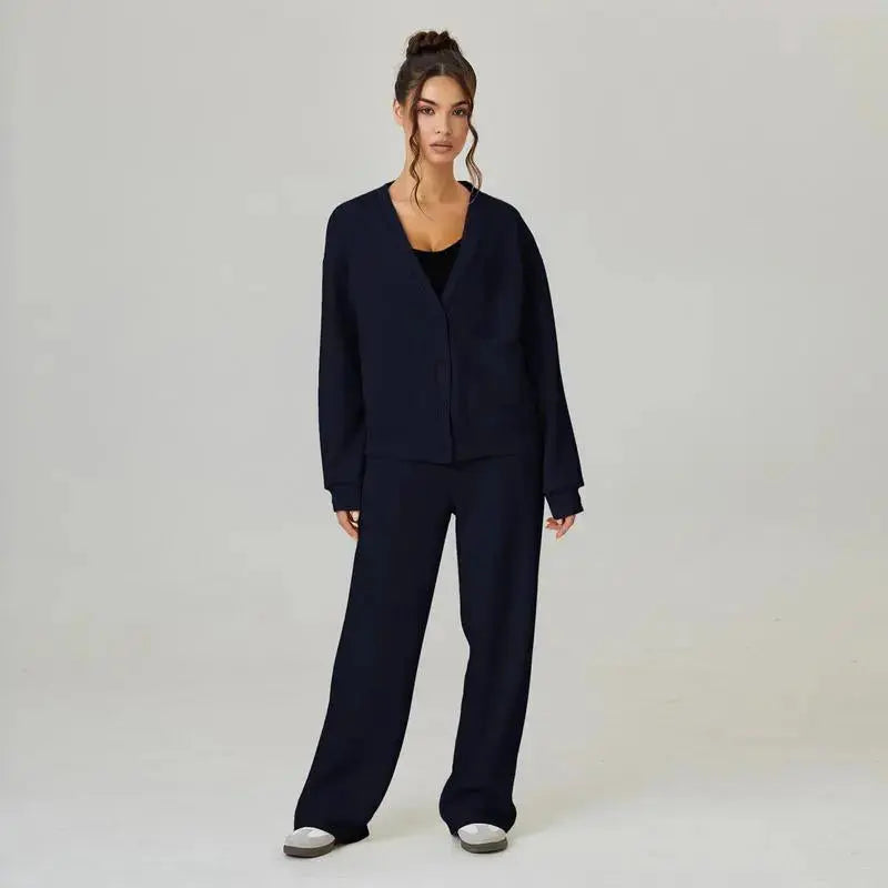 Light grey LÁVINE™ women's lounge set with cardigan and pants, a slouchy two-piece outfit for comfortable casual wear.