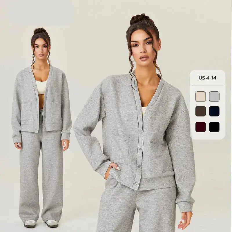LÁVINE™ women's lounge set with a cozy cardigan and matching pants, perfect for relaxed, casual wear.