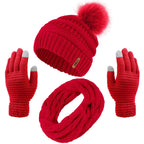 Aneco Womens Winter Warm Sets Knitted Fur Pompoms Beanie Hat Circle Loop Scarf Touch Screen Gloves Winter Favor Accessories