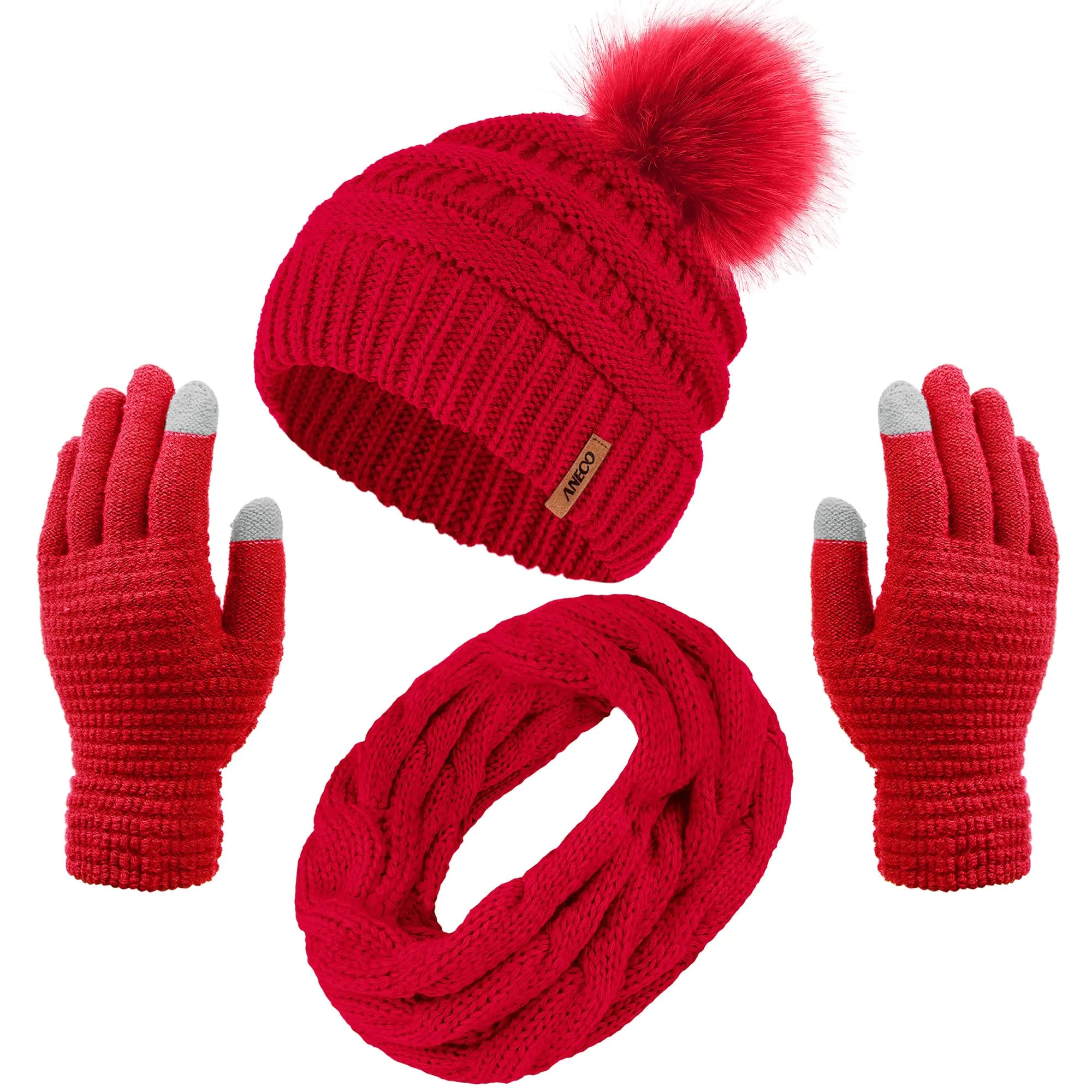 Aneco Womens Winter Warm Sets Knitted Fur Pompoms Beanie Hat Circle Loop Scarf Touch Screen Gloves Winter Favor Accessories