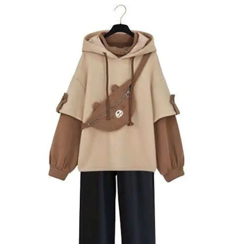 Korean Style Fleece Sweatshirt Set | Thick Warm Hoodie Outfit for Autumn & Winter