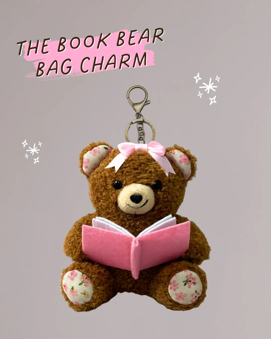 Next Chapter Book Bear plush bag charm featuring a cute bear design, ideal for keys and bags.