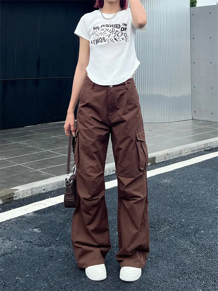 Deeptown Y2K Vintage Cargo Pants for Women | Oversized Streetwear Wide-Leg Trousers