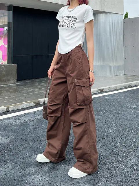 Deeptown Y2K Vintage Cargo Pants for Women | Oversized Streetwear Wide-Leg Trousers